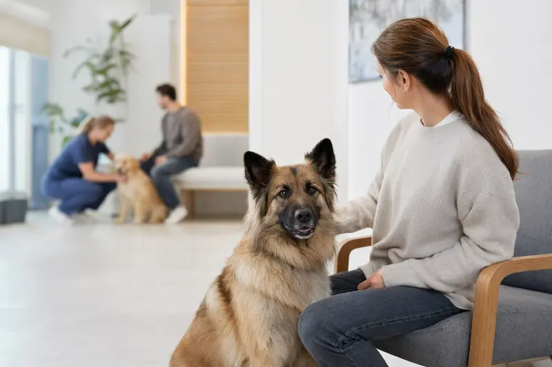 Ein Bisben-Hund sitzt ruhig neben seinem Besitzer im hellen Wartezimmer einer modernen Tierarztpraxis.